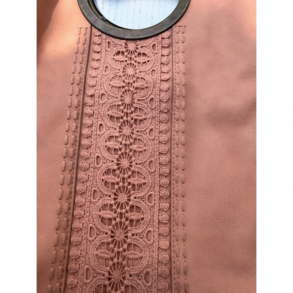 Boho Faux Leather Hobo Shoulder Bag Brown Crochet Lace Accent Large Tote